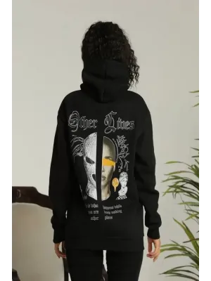 Sırt Baskılı Oversize Üç İplik Kapüşonlu Sweatshirt - Siyah