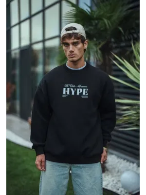 Üç İplik Bisiklet Yaka Baskılı SweatShirt - Siyah