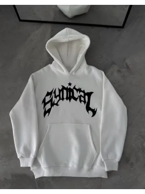 Üç İplik Kapşonlu Baskılı Oversize SweatShirt-  Beyaz