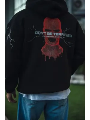 Üç İplik Kapüşonlu Baskılı Oversize SweatShirt- Siyah