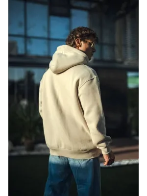 Üç İplik Penye Kapşonlu Basic SweatShirt - Bej