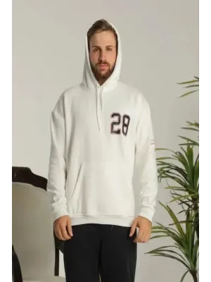 Unisex Kapşonlu Baskılı Sweetshirt - Beyaz