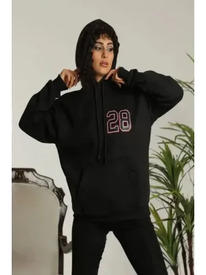 Unisex Kapşonlu Baskılı Sweetshirt - Siyah