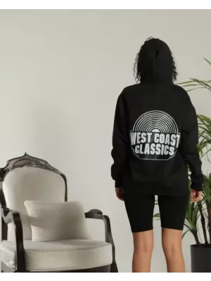 Unisex Sırt Baskılı Kapüşonlu Üç İplik Oversize Sweatshirt - Siyah
