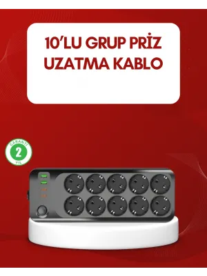 Usb Type-c Destekli 10’lu Grup Priz Termal Korumalı 2m Kablo 2500w