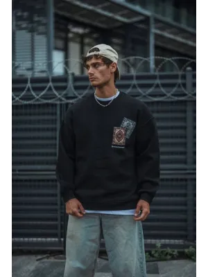 Uzun Kol Bisiklet Yaka Baskılı SweatShirt - Siyah