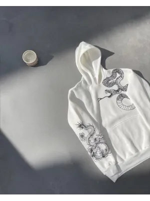Uzun Kol Kapşonlu Baskılı SweatShirt - Beyaz