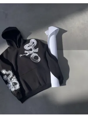 Uzun Kol Kapşonlu Baskılı SweatShirt - Siyah