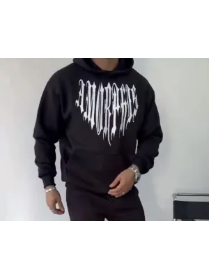 Uzun Kol Kapşonlu Baskılı SweatShirt - Siyah