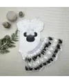 1-2-3 Yaş Payetli Mickey Nakışlı  Kısa Kollu Brode Etekli 2li Kız Bebek Takımı