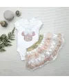 1-2-3 Yaş Payetli Mickey Nakışlı  Kısa Kollu Brode Etekli 2li Kız Bebek Takımı