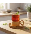 12 Parça Çay Seti - Bambu Bardak Altığı - Çift Cidarlı Cam - 150 ml