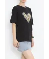 14 Şubat Sevgililer Günü Leopar Kalp Baskılı Oversize Bisiklet Yaka T-shirt - Siyah