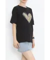 14 Şubat Sevgililer Günü Leopar Kalp Baskılı Oversize Bisiklet Yaka T-shirt - Siyah