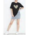 14 Şubat Sevgililer Günü Leopar Kalp Baskılı Oversize Bisiklet Yaka T-shirt - Siyah