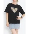 14 Şubat Sevgililer Günü Leopar Kalp Baskılı Oversize Bisiklet Yaka T-shirt - Siyah