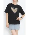 14 Şubat Sevgililer Günü Leopar Kalp Baskılı Oversize Bisiklet Yaka T-shirt - Siyah