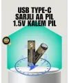 1.5v Aa Şarjlı Lityum Pil | 1000+ Kez Şarj Edilebilir | Hızlı Type-c Şarj (2 Adet)
