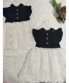 2-3-4 Yaş Astarlı Brode Etekli Kot Kumaş Düğmeli Kız Çocuk Elbisesi