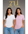 2li Kadın Polo Yaka Pike Kumaş Düğmeli Basic Tişört Günlük Rahat Kesim - Beyaz, Pembe