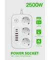 2500W Çoklu Priz 2 METRE – 3’lü AC Priz +5 USB Çıkışı AKIM KORUMALI Alev Almayan Gövde,