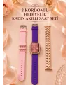 3 Kordonlu Rose Gold Kasalı Kadın Akıllı Saat Seti