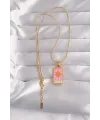 316L Çelik Gold Renk Pembe Mineli Güneş Model Tarot Kolye