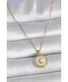 ietaks™ 316L Çelik Gold Renk Zincir Beyaz Mineli Hilal İşlemeli Madalyon Model Kadın Kolye