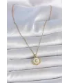 ietaks™ 316L Çelik Gold Renk Zincir Beyaz Mineli Hilal İşlemeli Madalyon Model Kadın Kolye