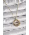 ietaks™ 316L Çelik Gold Renk Zincir Gümüş Zirkon Taşlı Daire Model Kadın Kolye