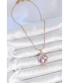 ietaks™ 316L Çelik Gold Renk Zincir Mor Mineli İncili Çiçek İşlemeli Portre Model Kadın Kolye