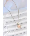 ietaks™ 316L Çelik Gold Renk Zincir Pembe Mineli Çiçek İşlemeli Portre Model Kadın Kolye