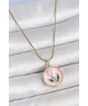 316L Çelik Gold Renk Zincir Pembe Mineli İncili Çiçek İşlemeli Portre Model Kadın Kolye