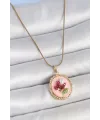 316L Çelik Gold Renk Zincir Pembe Mineli İncili Çiçek İşlemeli Portre Model Kadın Kolye