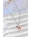 ietaks™ 316L Çelik Gold Renk Zincir Pembe Mineli İncili Çiçek İşlemeli Portre Model Kadın Kolye