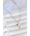 ietaks™ 316L Çelik Gold Renk Zincir Pembe Mineli Oval İncili Çiçek İşlemeli Portre Model Kadın Kolye