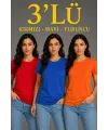 3’lü Kısa Kollu Bisiklet Yaka Basic Slim Fit T-Shirt - Kırmızı - Mavi - Turuncu