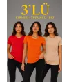 3’lü Kısa Kollu Bisiklet Yaka Basic Slim Fit T-Shirt - Kırmızı - Turuncu - Bej