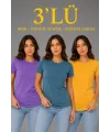 3’lü Kısa Kollu Bisiklet Yaka Basic Slim Fit T-Shirt - Mor - Petrol Mavisi - Hardal