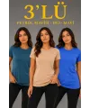 3’lü Kısa Kollu Bisiklet Yaka Basic Slim Fit T-Shirt -Petrol Mavisi  - Bej - Mavi