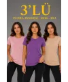 3’lü Kısa Kollu Bisiklet Yaka Basic Slim Fit T-Shirt - Pudra Pembe - Mor - Bej