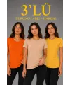 3’lü Kısa Kollu Bisiklet Yaka Basic Slim Fit T-Shirt - Turuncu - Bej - Hardal