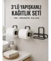 3’lü Siyah Duvar Tipi Kağıtlık Seti Yapışkanlı Pratik Rulo Tutucu