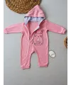 6-9 9-12 Ay Ef Çizgi Boy Fermuarlı Tavşan Nakışlı Kapşonlu Kız Erkek Bebek Tulumu
