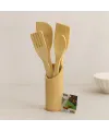 Ahşap Bambu Mutfak Servis Seti 5 Parça (Kaşık, Çatal, 2 Spatula, Stand) 27.5/30 cm