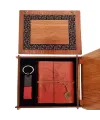 Ahşap Kutulu Kahve Deri Defter ve Anahtarlık Set