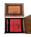 Ahşap Kutulu Kırmızı Deri Defter ve Metal Kalem Set