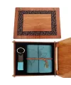 Ahşap Kutulu Mavi Deri Defter ve Anahtarlık Set