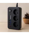 Anahtarlı Termal Korumalı 3lü Priz + 3xUSB 2.1A 2m Uzatma Kablosu Siyah