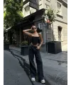 Arkadan Yırtmaçlı Jeans Kot Palazzo Pantolon - Siyah